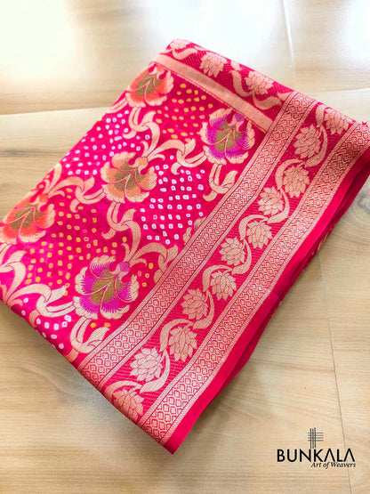 Red Double Shaded Bandhani Weaved Meenakari Banarasi Pure Georgette Saree