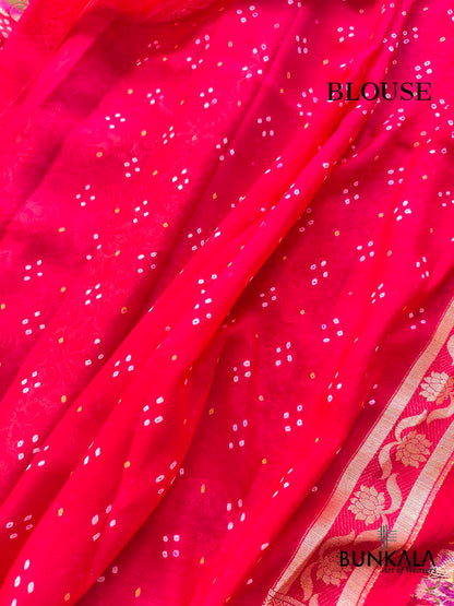 Red Double Shaded Bandhani Weaved Meenakari Banarasi Pure Georgette Saree