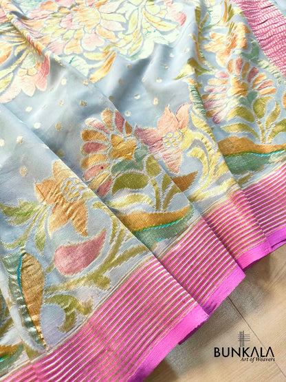 Grey Multicolor Brush Dye Banarasi Pure Georgette Saree