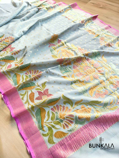 Grey Multicolor Brush Dye Banarasi Pure Georgette Saree