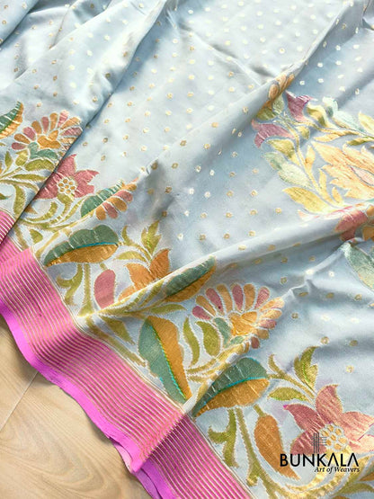 Grey Multicolor Brush Dye Banarasi Pure Georgette Saree