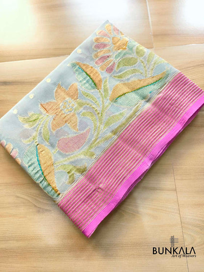 Grey Multicolor Brush Dye Banarasi Pure Georgette Saree