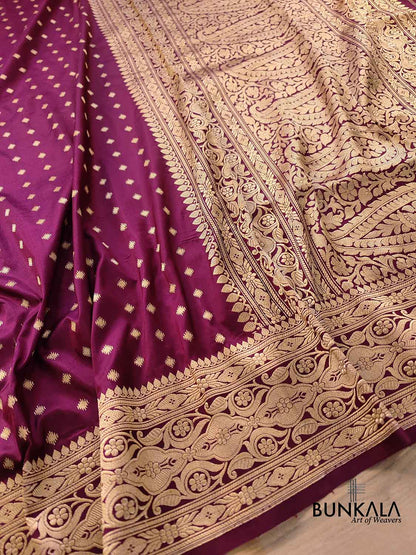 Burgundy Wine Pure Katan Silk Hand Weaved Kadwa Allover Small Buti with Heritage Design Border Banarasi Saree