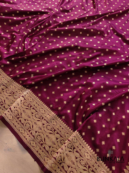 Burgundy Wine Pure Katan Silk Hand Weaved Kadwa Allover Small Buti with Heritage Design Border Banarasi Saree