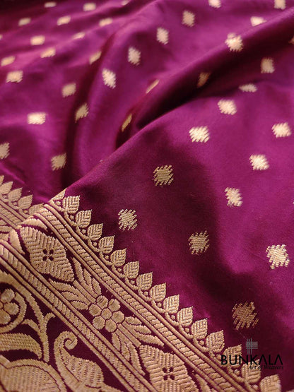 Burgundy Wine Pure Katan Silk Hand Weaved Kadwa Allover Small Buti with Heritage Design Border Banarasi Saree