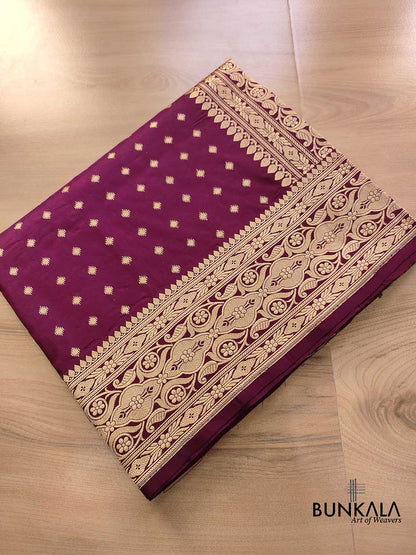 Burgundy Wine Pure Katan Silk Hand Weaved Kadwa Allover Small Buti with Heritage Design Border Banarasi Saree