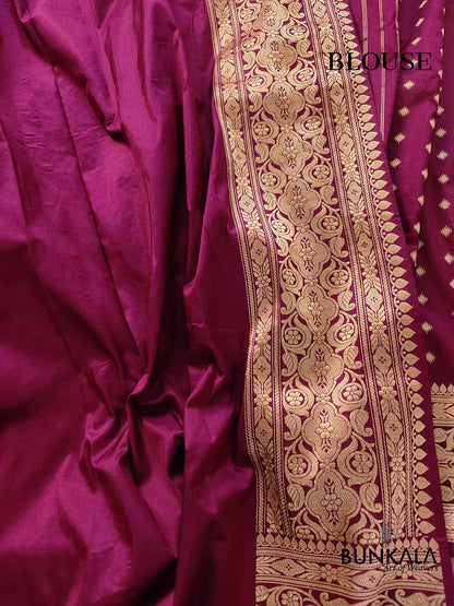Burgundy Wine Pure Katan Silk Hand Weaved Kadwa Allover Small Buti with Heritage Design Border Banarasi Saree