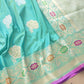 Blue Dual Shade Pure Katan Silk Hand Weaved Kadwa Allover Sona Rupa Rose Buta Meenakari Banarasi Saree