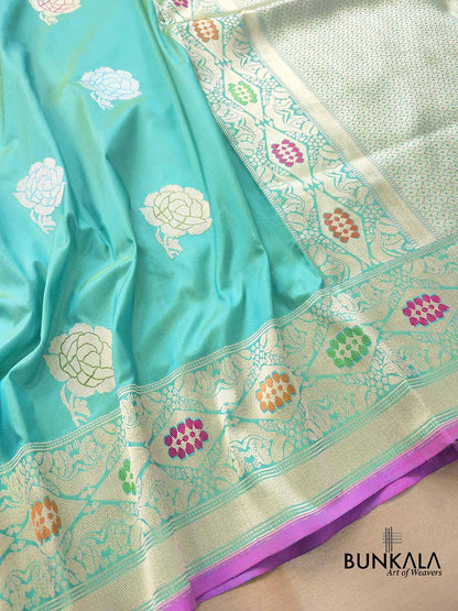 Blue Dual Shade Pure Katan Silk Hand Weaved Kadwa Allover Sona Rupa Rose Buta Meenakari Banarasi Saree