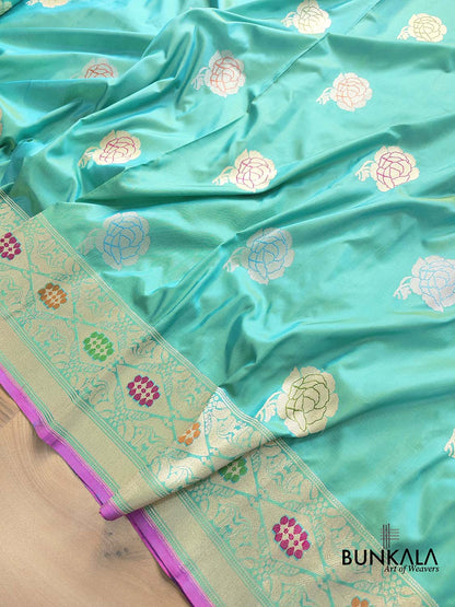 Blue Dual Shade Pure Katan Silk Hand Weaved Kadwa Allover Sona Rupa Rose Buta Meenakari Banarasi Saree