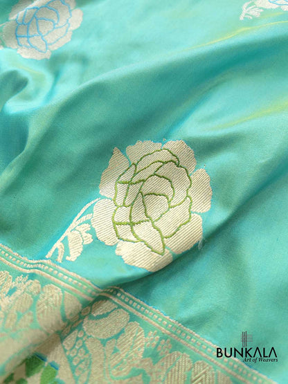 Blue Dual Shade Pure Katan Silk Hand Weaved Kadwa Allover Sona Rupa Rose Buta Meenakari Banarasi Saree