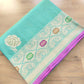 Blue Dual Shade Pure Katan Silk Hand Weaved Kadwa Allover Sona Rupa Rose Buta Meenakari Banarasi Saree