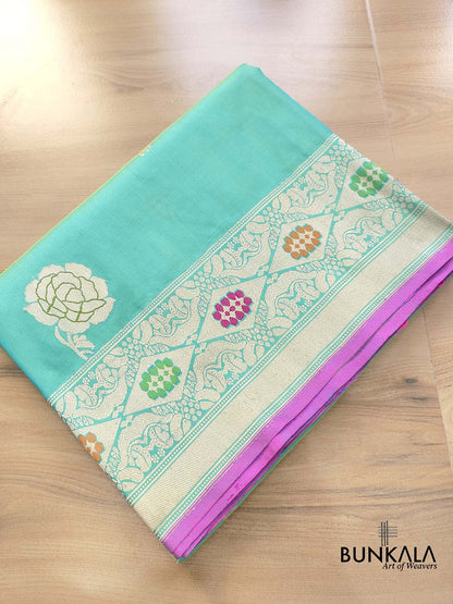 Blue Dual Shade Pure Katan Silk Hand Weaved Kadwa Allover Sona Rupa Rose Buta Meenakari Banarasi Saree