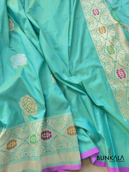 Blue Dual Shade Pure Katan Silk Hand Weaved Kadwa Allover Sona Rupa Rose Buta Meenakari Banarasi Saree
