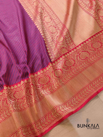 Blue and Red Ektara Pure Katan Silk Small Checks Handloom Banarasi Saree with Kadwa Weaved Red Contrast Border