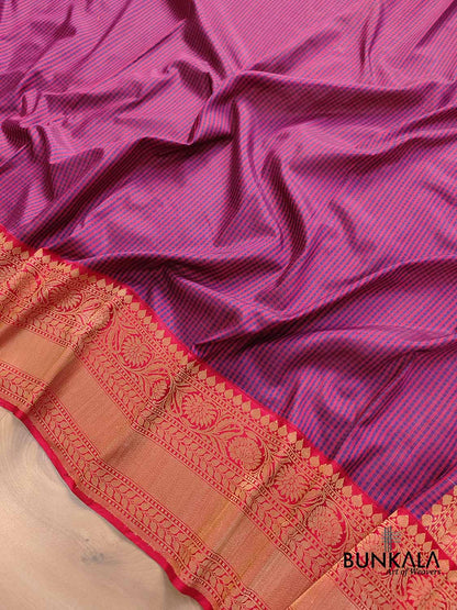 Blue and Red Ektara Pure Katan Silk Small Checks Handloom Banarasi Saree with Kadwa Weaved Red Contrast Border