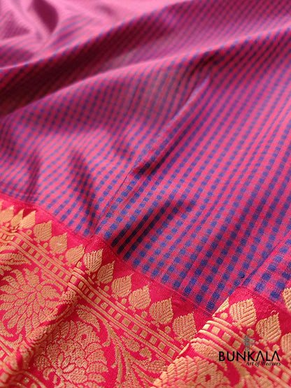 Blue and Red Ektara Pure Katan Silk Small Checks Handloom Banarasi Saree with Kadwa Weaved Red Contrast Border