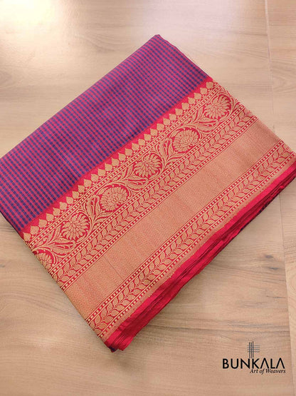 Blue and Red Ektara Pure Katan Silk Small Checks Handloom Banarasi Saree with Kadwa Weaved Red Contrast Border