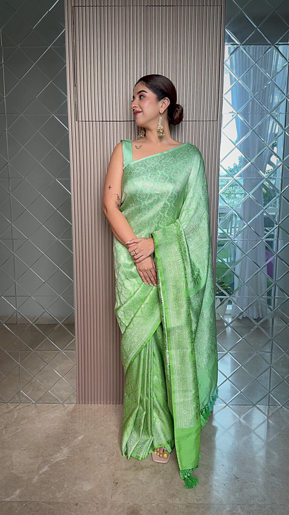 Shaded Lime Green Brocade Weaved Banarasi Mashru Silk Saree