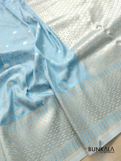 Sky Blue Mashru Silk Silver Zari Weaved Jamewar Banarasi Saree