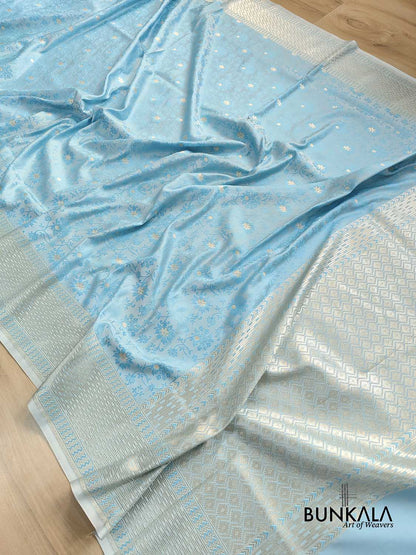Sky Blue Mashru Silk Silver Zari Weaved Jamewar Banarasi Saree