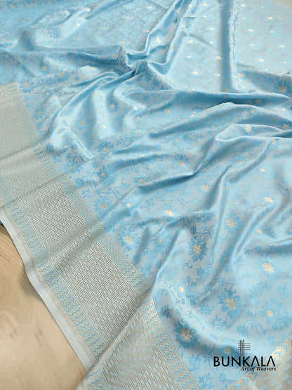 Sky Blue Mashru Silk Silver Zari Weaved Jamewar Banarasi Saree