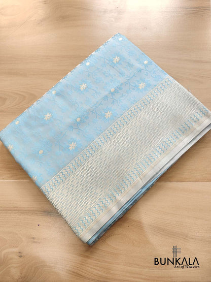 Sky Blue Mashru Silk Silver Zari Weaved Jamewar Banarasi Saree