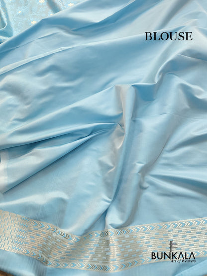 Sky Blue Mashru Silk Silver Zari Weaved Jamewar Banarasi Saree