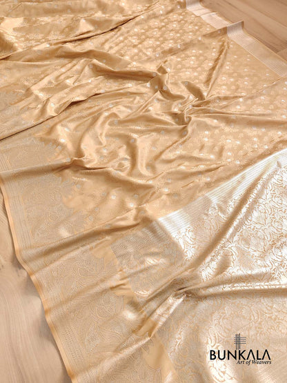Beige Mashru Silk Silver Zari Weaved Jamewar Banarasi Saree