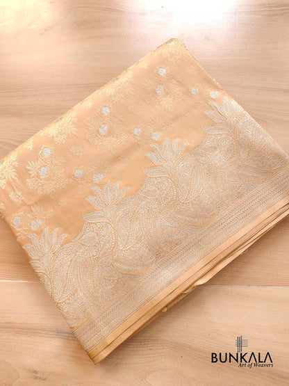 Beige Mashru Silk Silver Zari Weaved Jamewar Banarasi Saree
