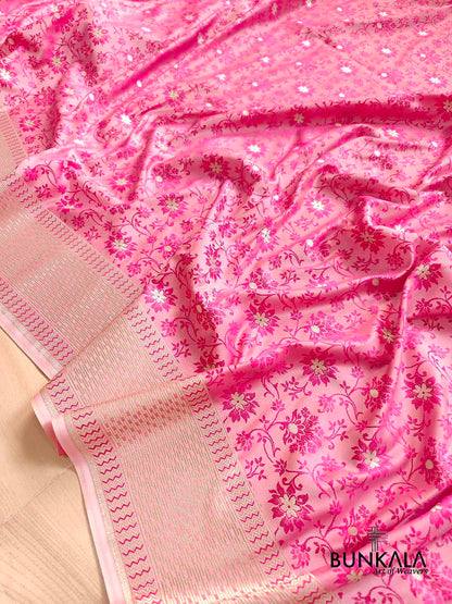 Baby Pink Mashru Silk Silver Zari Weaved Jamewar Banarasi Saree