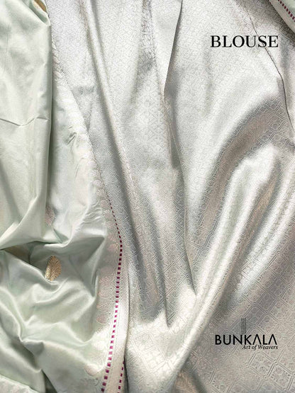 Pastel English Green Pure Katan Silk Handweaved Kadwa Allover Gold and Silver Zari Buti Banarasi Saree with Brocade Blouse