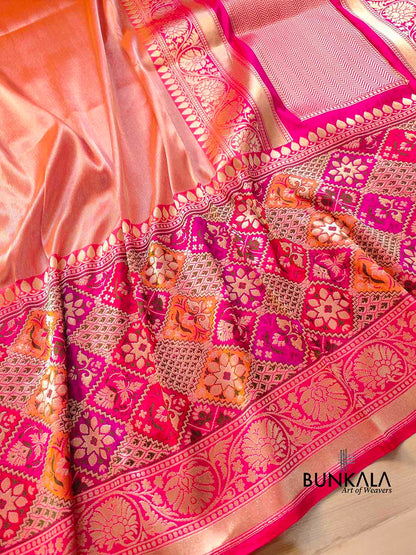Pink Two Tone Pure Tissue Silk Handloom Plain Banarasi Saree with Big Patola Border