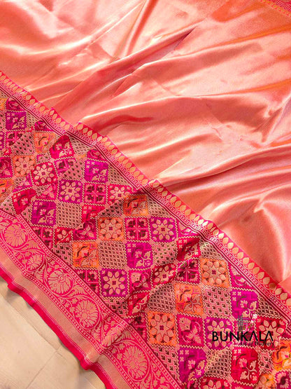 Pink Two Tone Pure Tissue Silk Handloom Plain Banarasi Saree with Big Patola Border