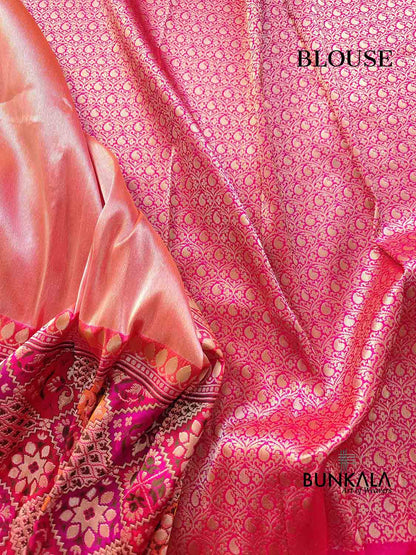 Pink Two Tone Pure Tissue Silk Handloom Plain Banarasi Saree with Big Patola Border