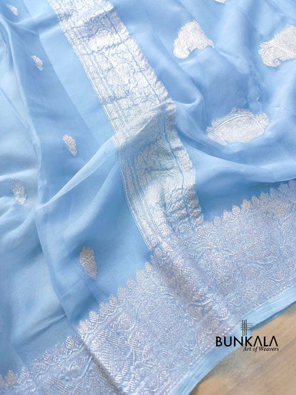 Blue Pure Khaddi Chiffon Allover Silver Zari Buti Handloom Banarasi Saree