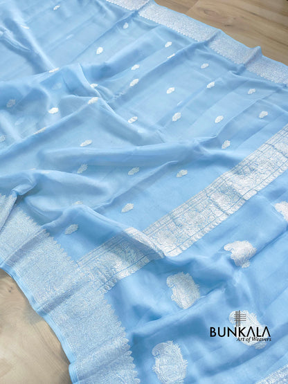 Blue Pure Khaddi Chiffon Allover Silver Zari Buti Handloom Banarasi Saree