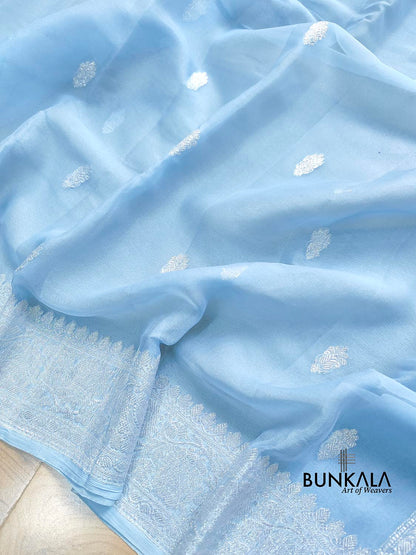 Blue Pure Khaddi Chiffon Allover Silver Zari Buti Handloom Banarasi Saree