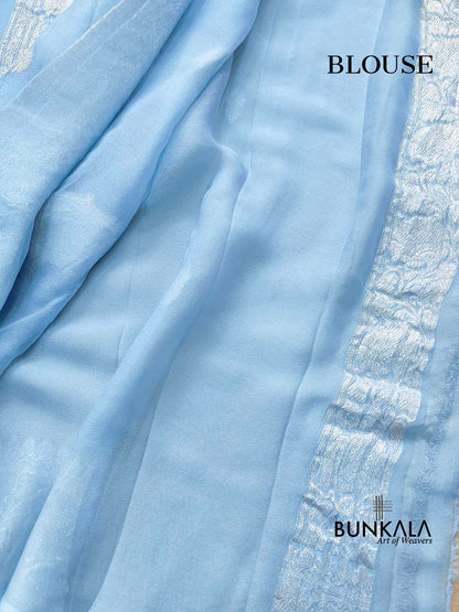 Blue Pure Khaddi Chiffon Allover Silver Zari Buti Handloom Banarasi Saree