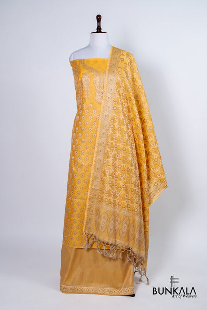 Yellow Gold Resham Weaved Banarasi Cotton Silk Unstitched Suit Set