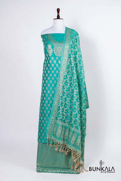 Turquoise Blue Resham Weaved Banarasi Cotton Silk Unstitched Suit Set