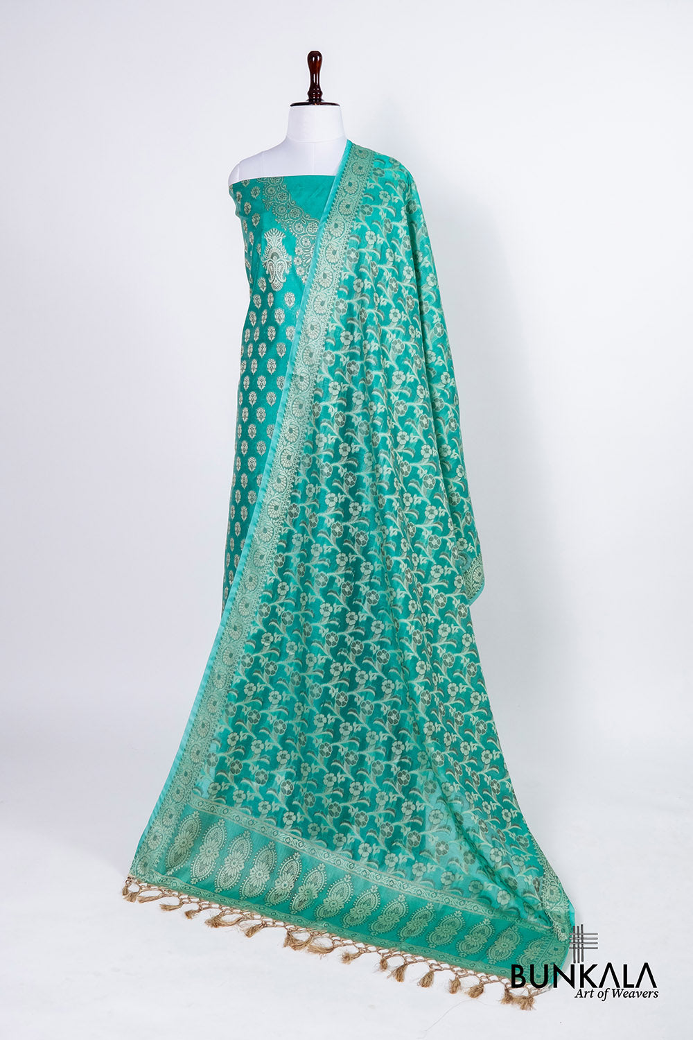 Turquoise Blue Resham Weaved Banarasi Cotton Silk Unstitched Suit Set