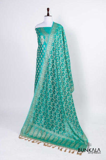 Turquoise Blue Resham Weaved Banarasi Cotton Silk Unstitched Suit Set