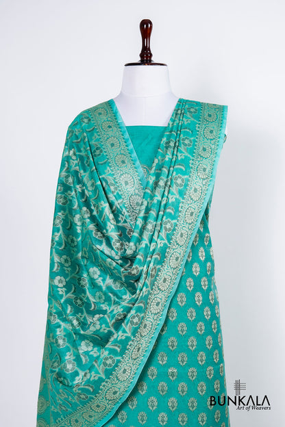 Turquoise Blue Resham Weaved Banarasi Cotton Silk Unstitched Suit Set