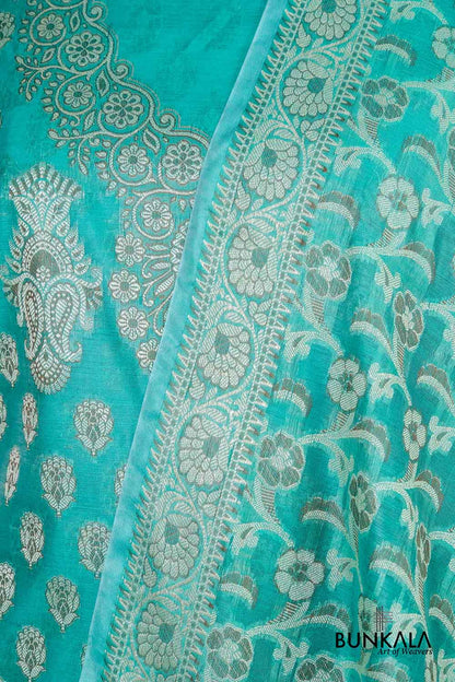 Turquoise Blue Resham Weaved Banarasi Cotton Silk Unstitched Suit Set