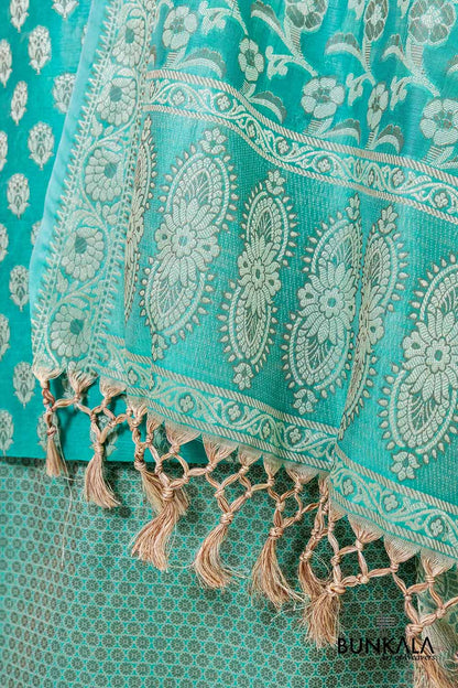 Turquoise Blue Resham Weaved Banarasi Cotton Silk Unstitched Suit Set