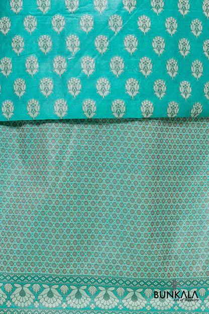 Turquoise Blue Resham Weaved Banarasi Cotton Silk Unstitched Suit Set