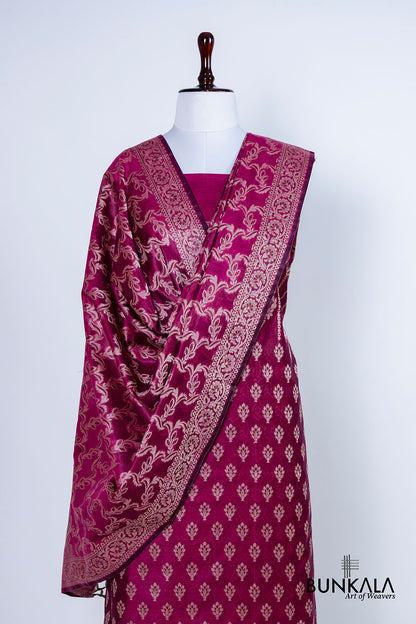 Burgundy Resham Weaved Banarasi Cotton Silk Unstitched Suit Set
