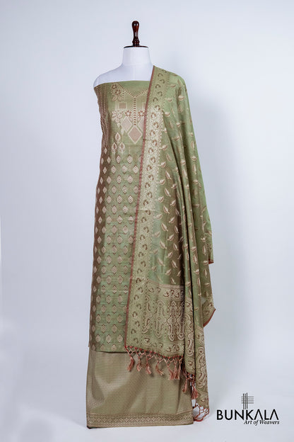 Mehendi Green Resham Weaved Banarasi Cotton Silk Unstitched Suit Set