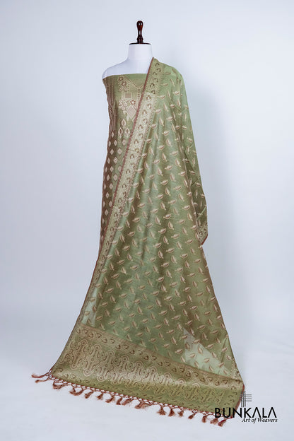 Mehendi Green Resham Weaved Banarasi Cotton Silk Unstitched Suit Set